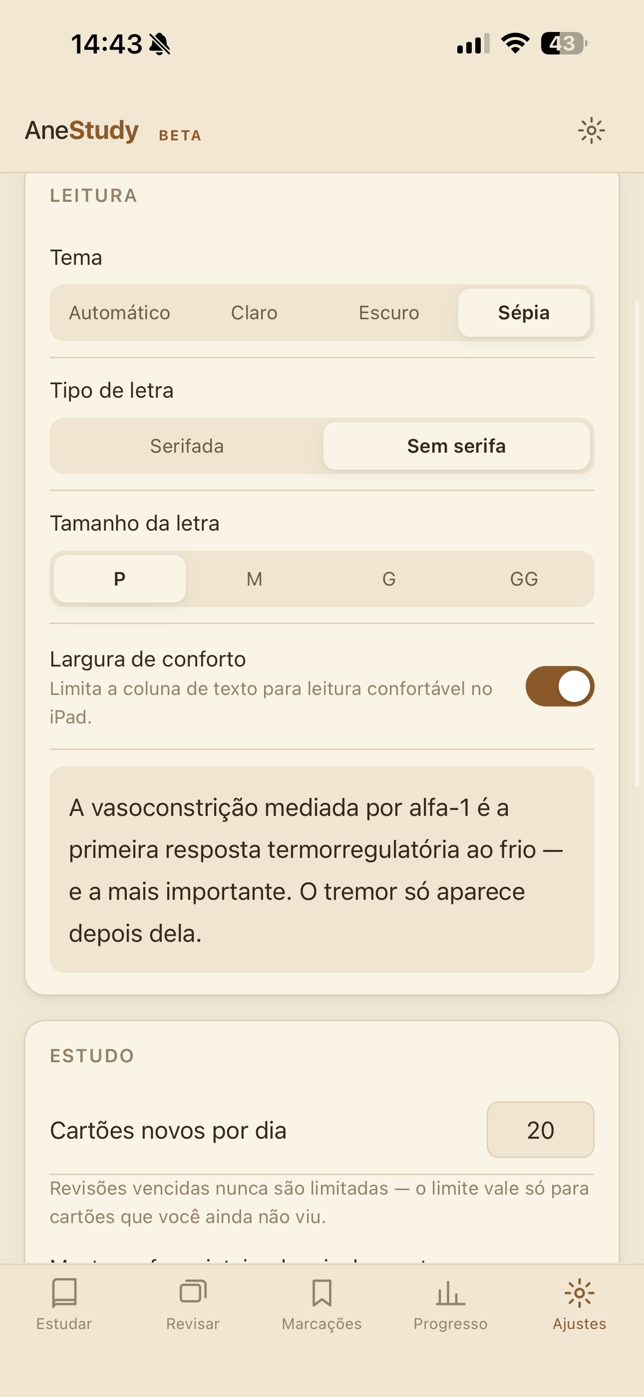 Tela de ajustes de leitura do AneStudy