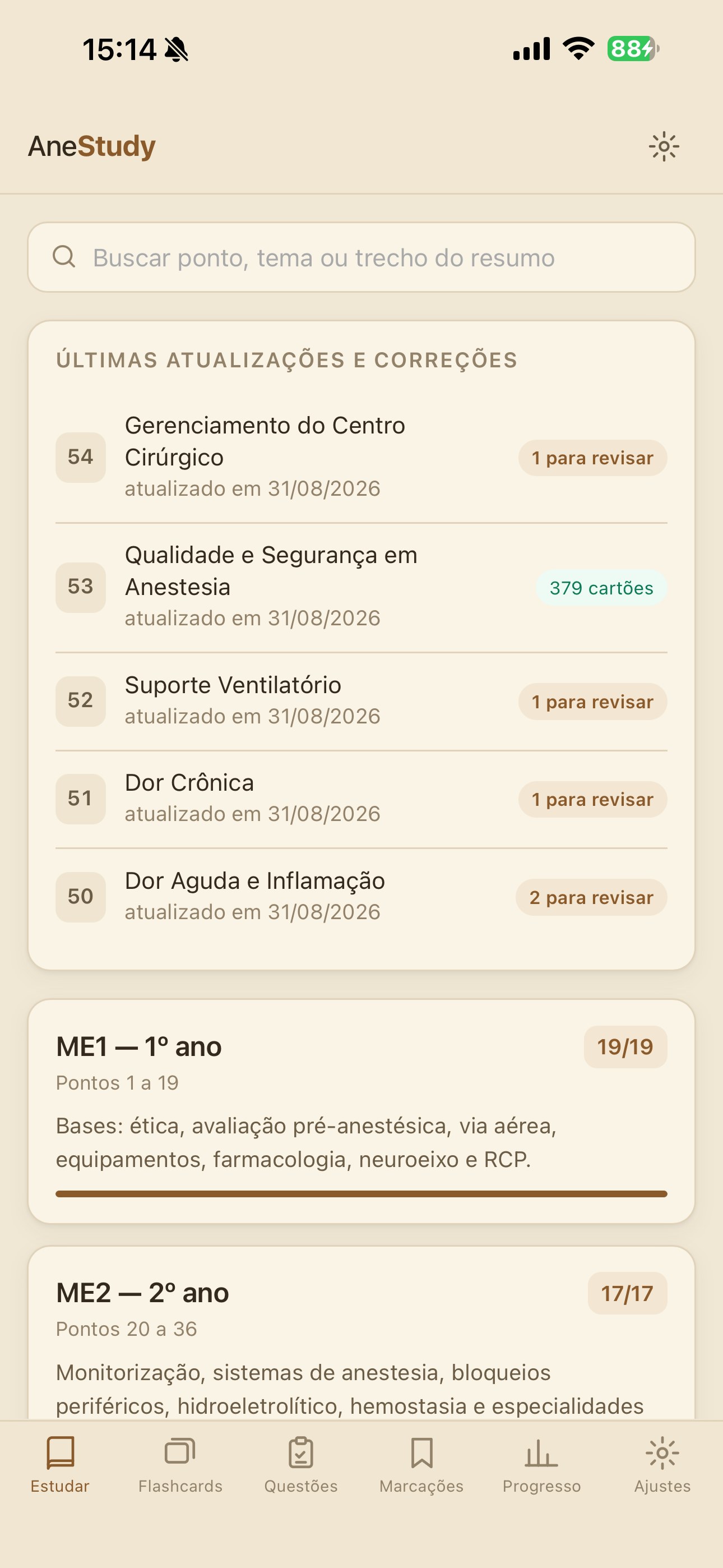 Tela principal do aplicativo AneStudy