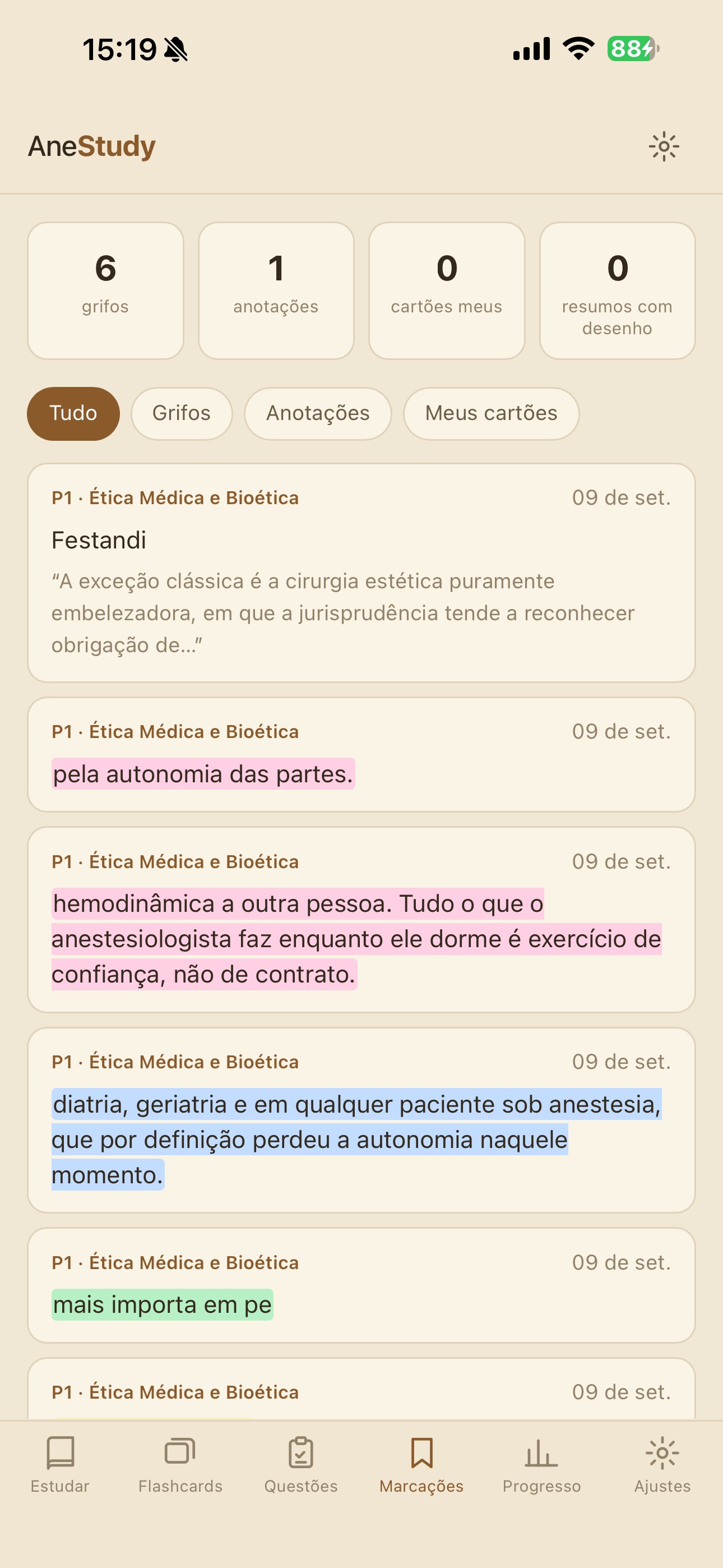 Tela de marcações do AneStudy