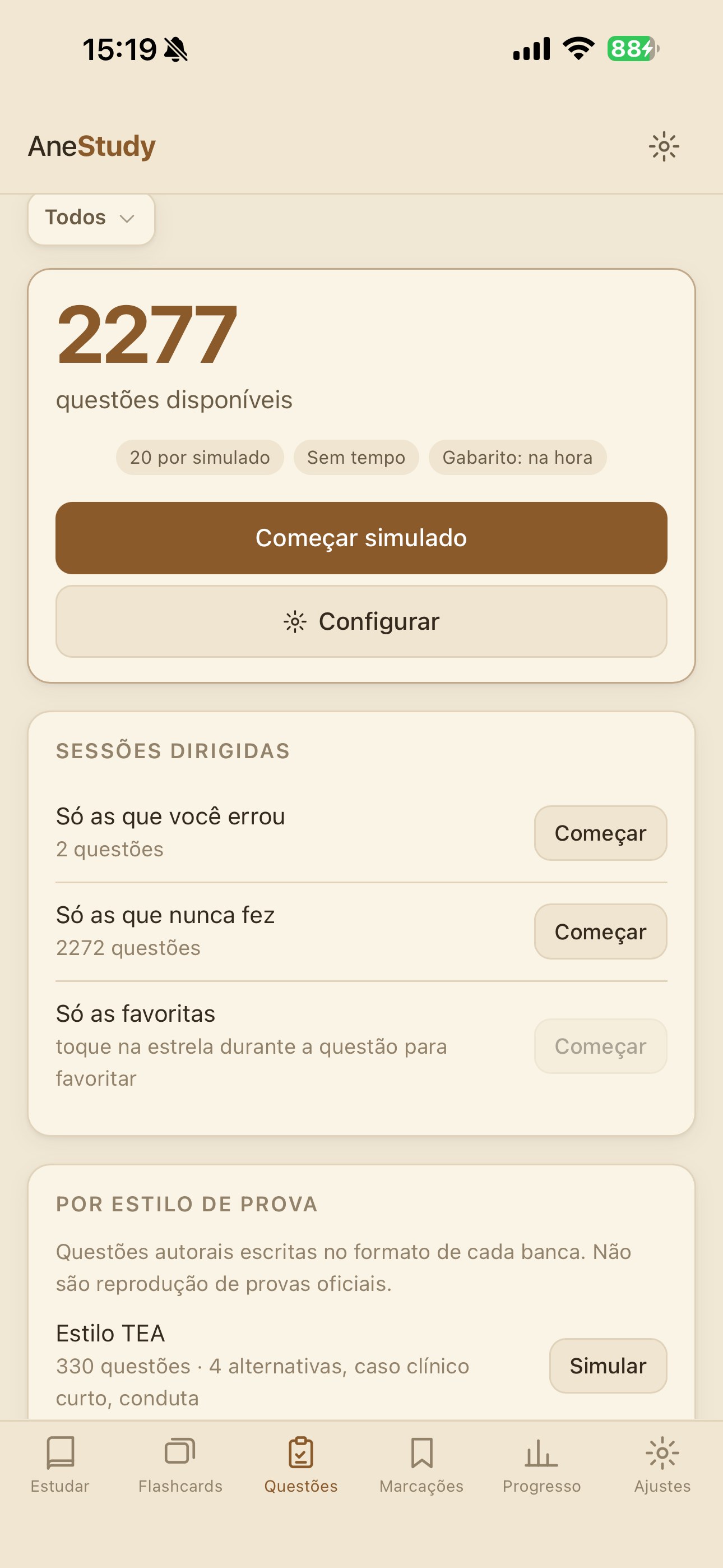 Tela de banco de questões do AneStudy