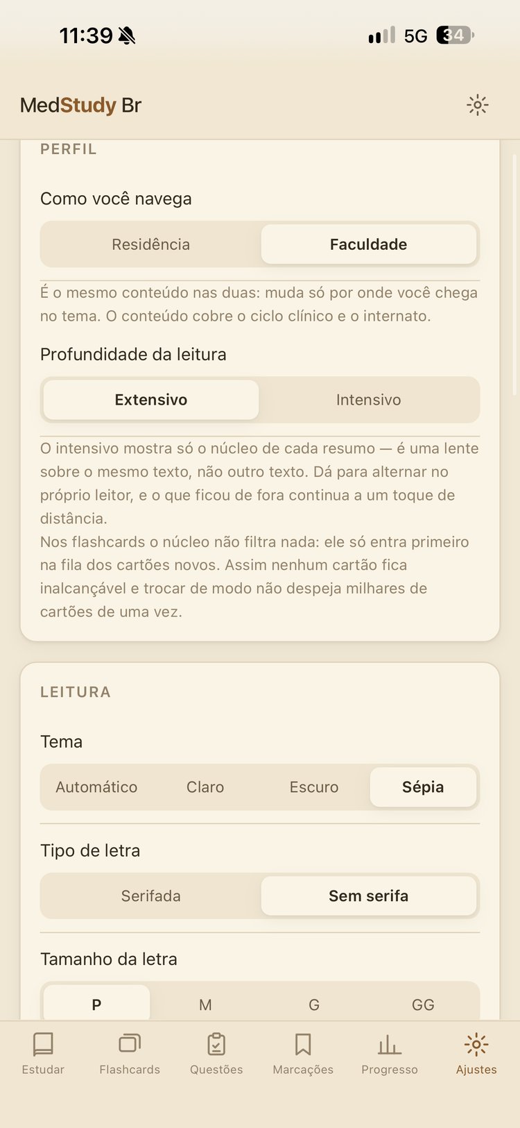Ajustes de perfil e leitura